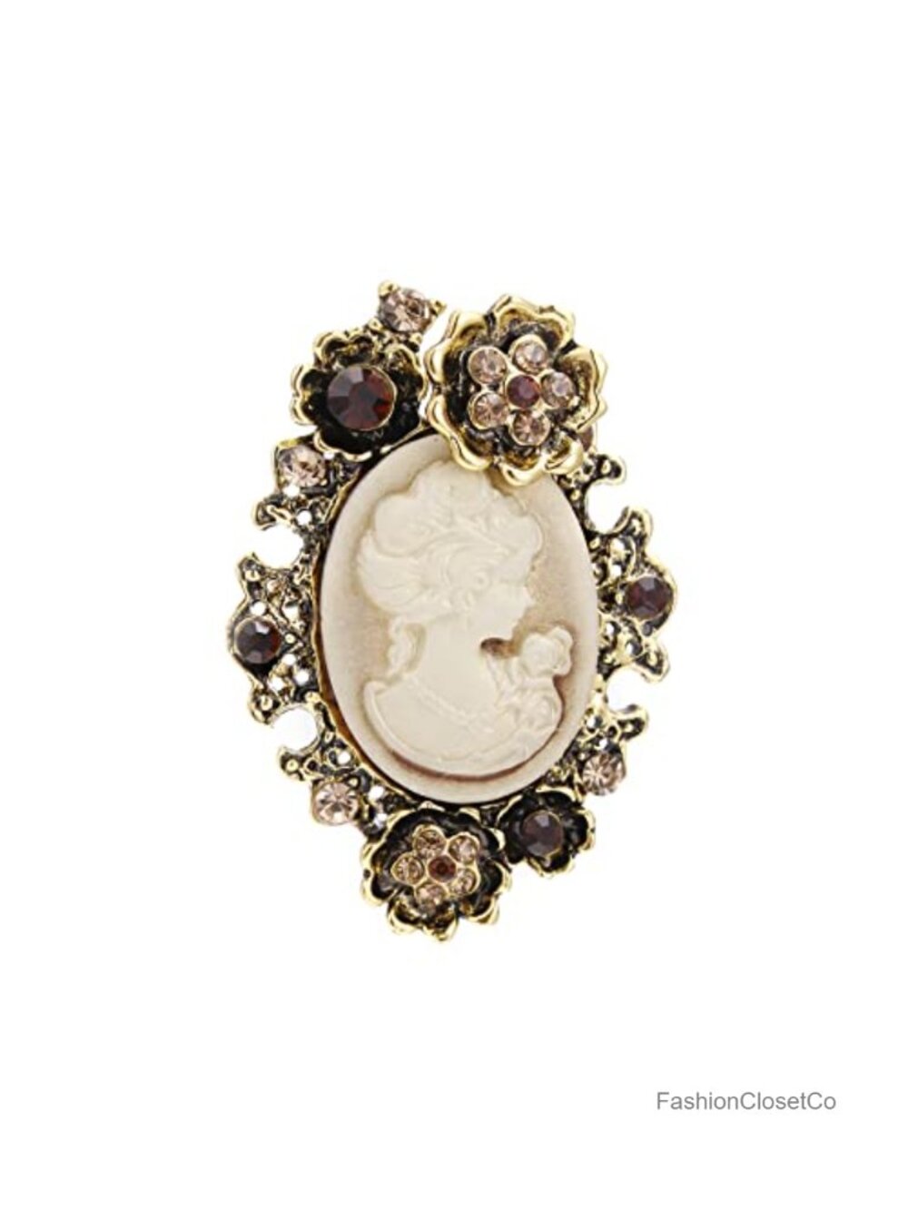 Vintage Victorian Lady Cameo Brooch Pin Crystal Rhinestone Filigree